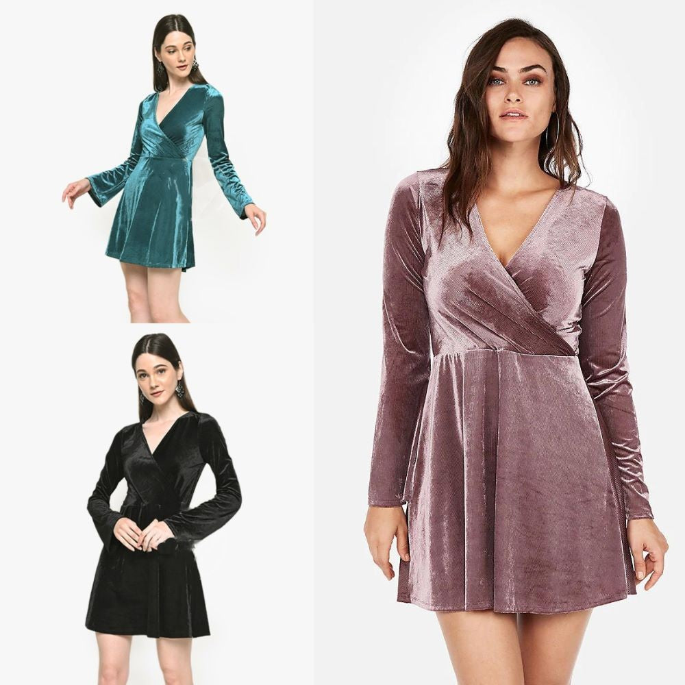 Dress Mini Casual Wanita Lengan Panjang (EXP66 SURPLICE VELVET DR)