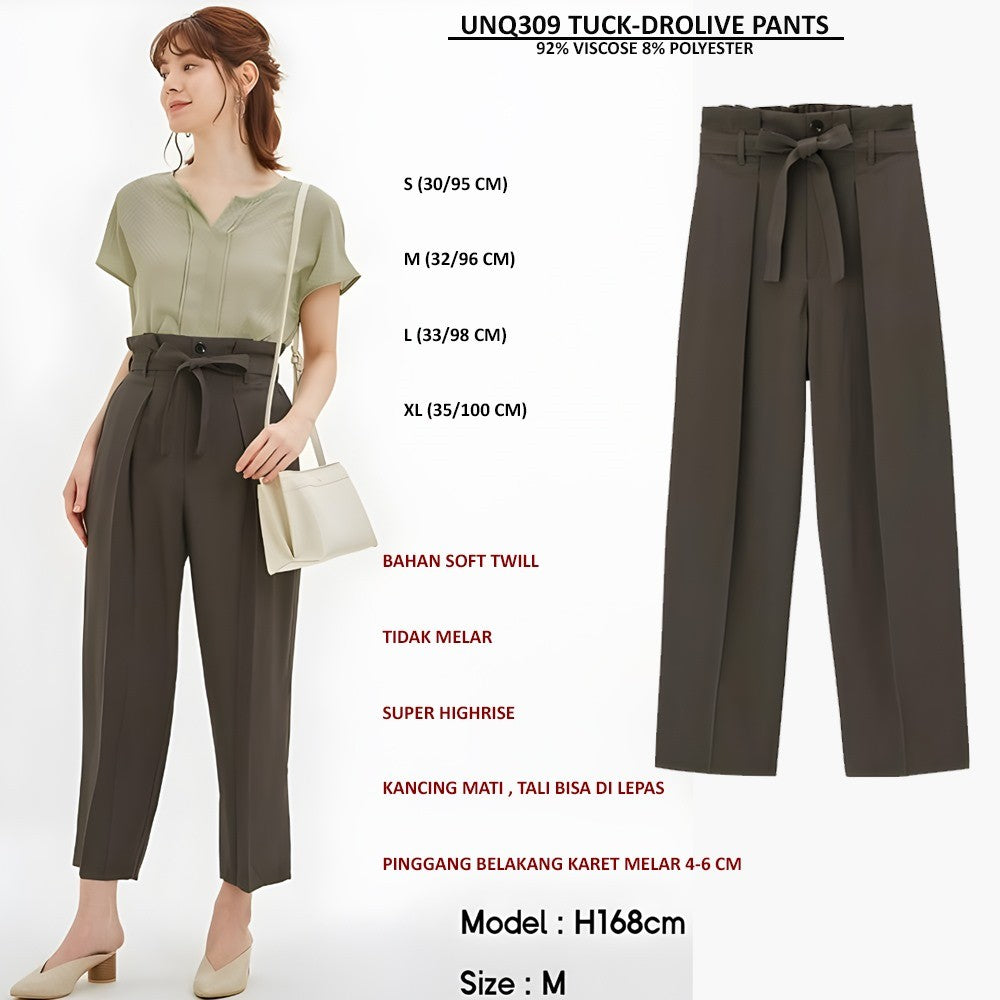 Celana Kulot Wanita Polos Panjang Belted Soft Twill (UNQ309 TUCK PANTS