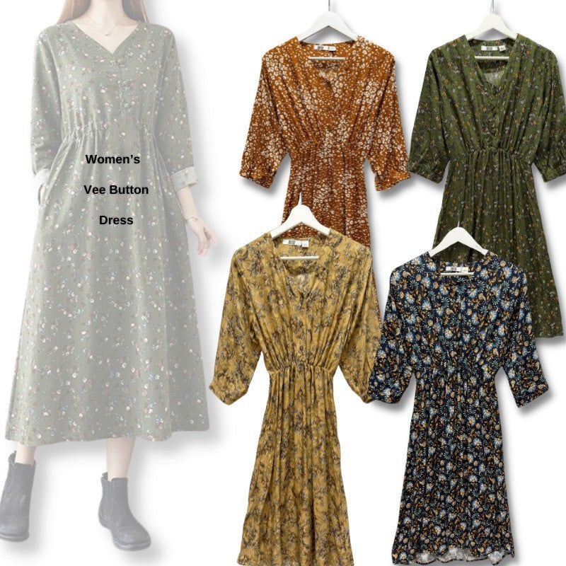 Dress Midi Casual Wanita Lengan Panjang Floral Spandex (UNQ312