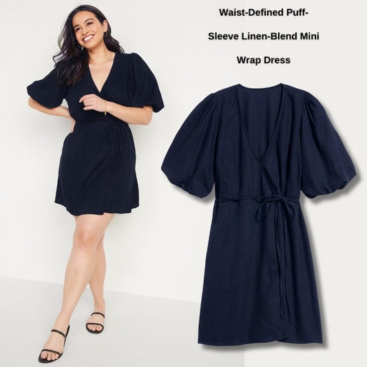 Dress Mini Wanita Lengan Pendek (ODN592 PUFF-NAVY LINEN DR)