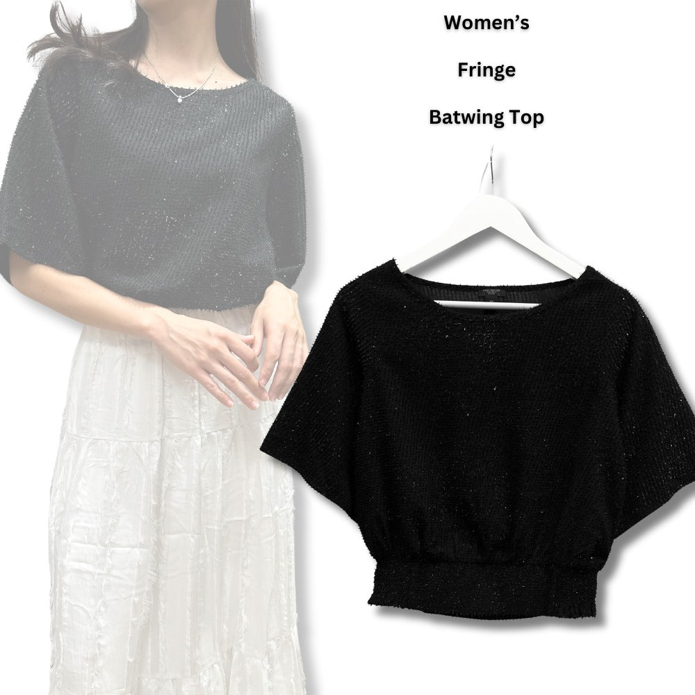 Atasan Kaos Wanita Lengan Pendek (LOFT150 FRINGE-BLACK TOP)