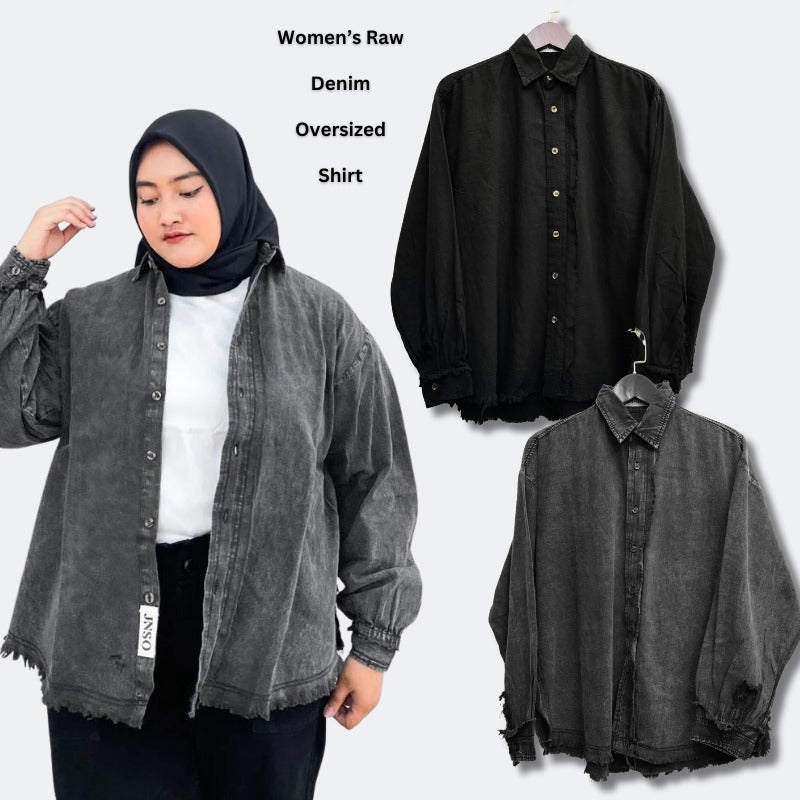 Atasan Kemaja Wanita Lengan Panjang Oversized (JNS01 RAW DENIM SHIRT)