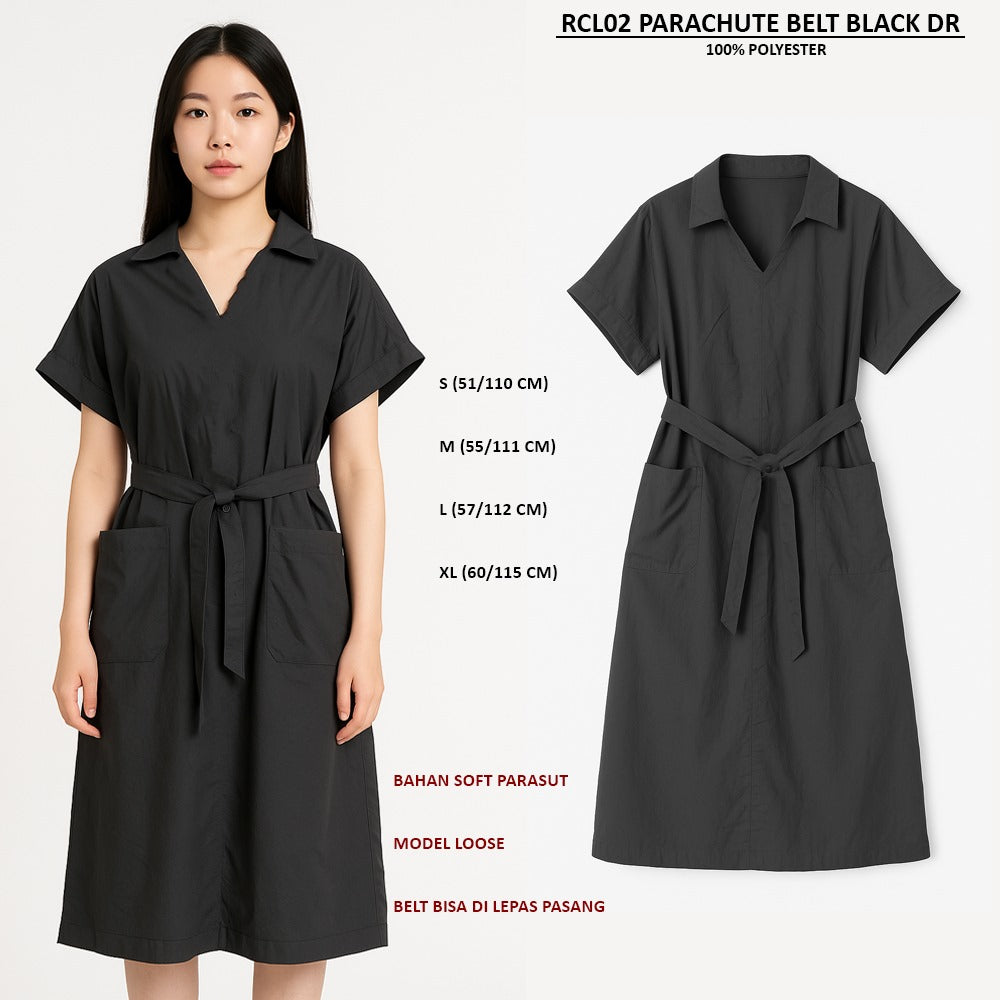 Dress Midi Wanita Lengan Pendek (RCL02 PARACHUTE BELT BLACK DR)