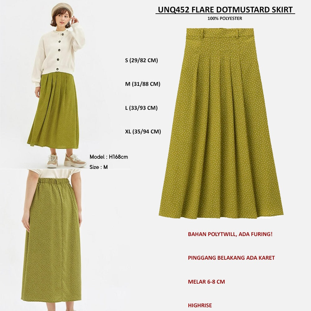 Rok Midi Wanita Highrise Polytwill (UNQ452 FLARE DOTMUSTARD SKIRT)
