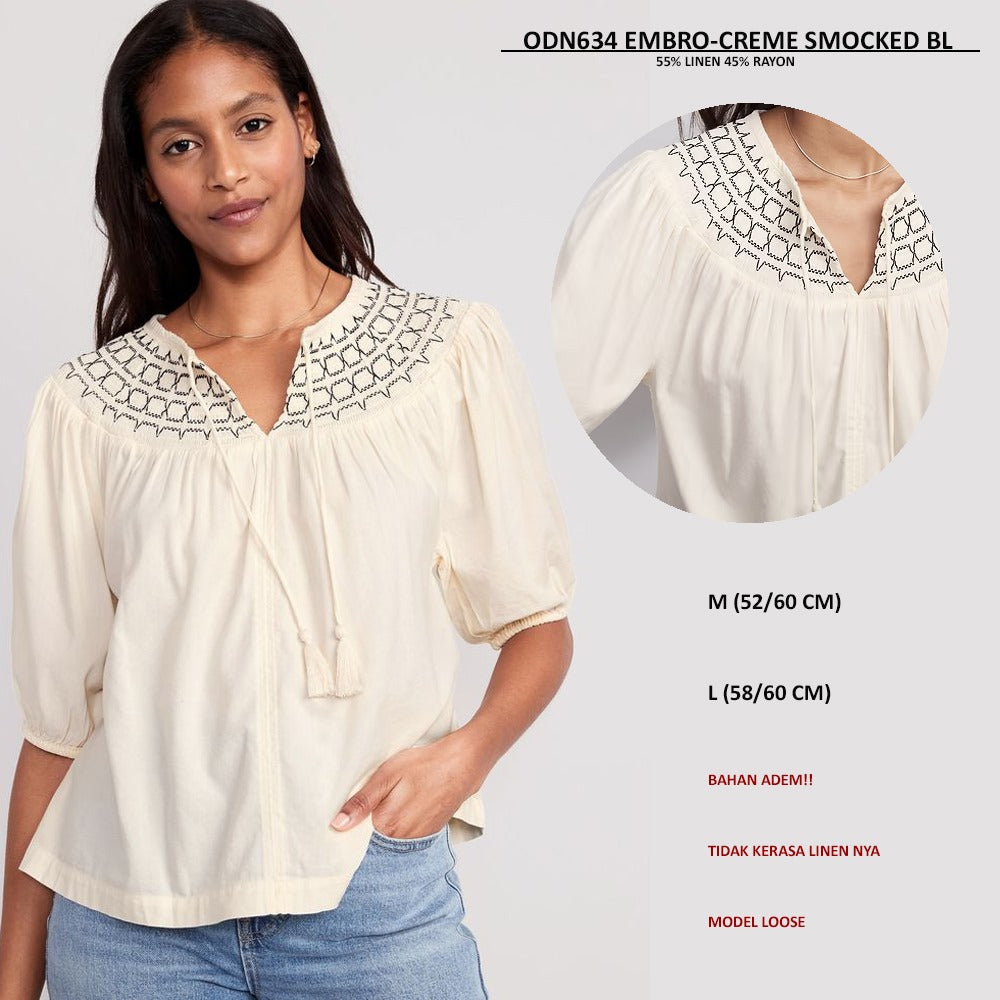 Blouse Wanita Lengan Pendek (ODN634 EMBRO SMOCKED BLOUSE)
