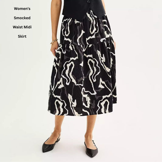 Rok Midi Wanita Soft Texture (NW32 SMOCKED MIDI BLACKTRAIL)