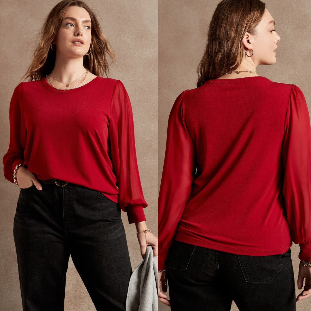 Blouse Wanita Lengan Panjang (BREP96 SHEERSLV CREPE-RED BL)