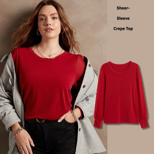 Blouse Wanita Lengan Panjang (BREP96 SHEERSLV CREPE-RED BL)