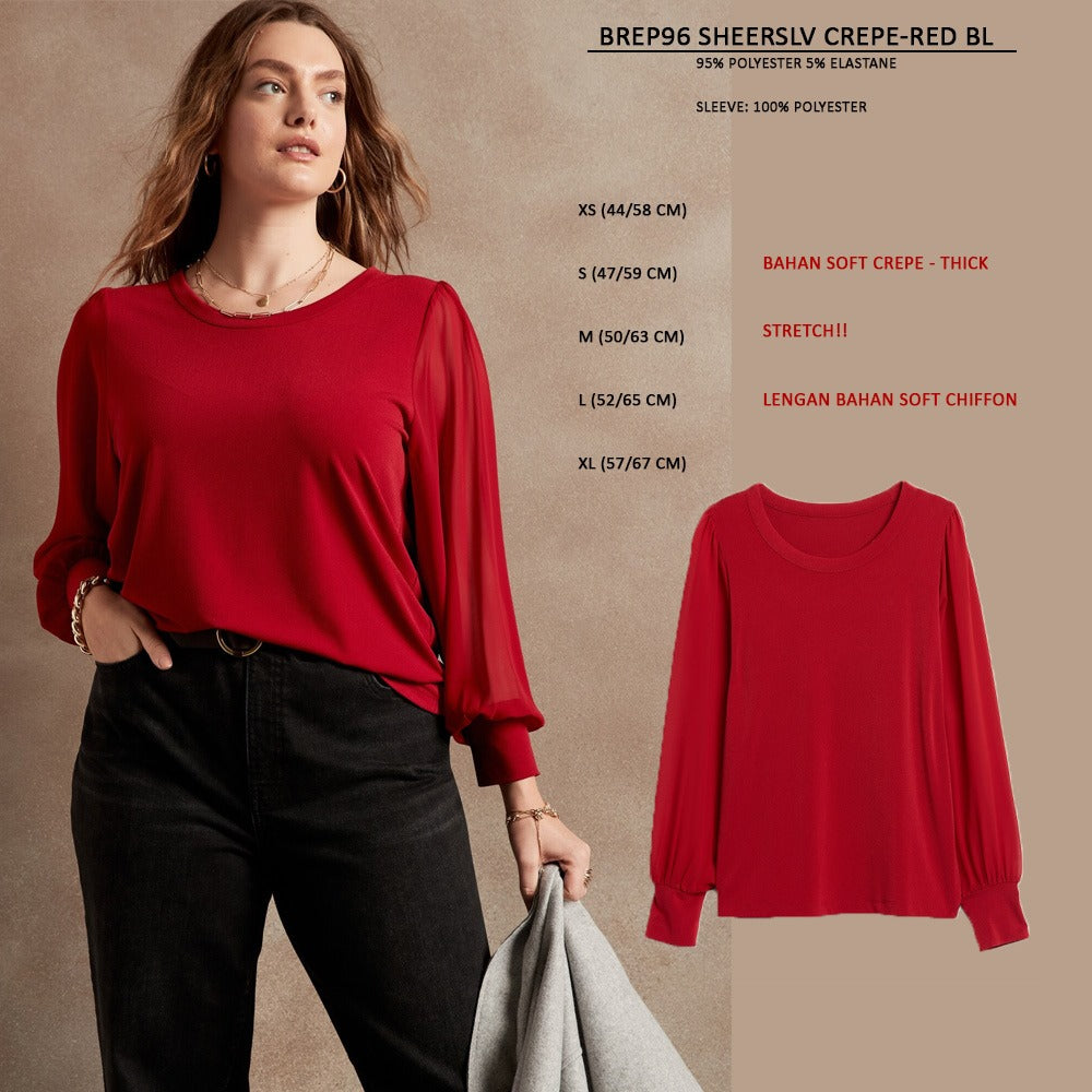 Blouse Wanita Lengan Panjang (BREP96 SHEERSLV CREPE-RED BL)
