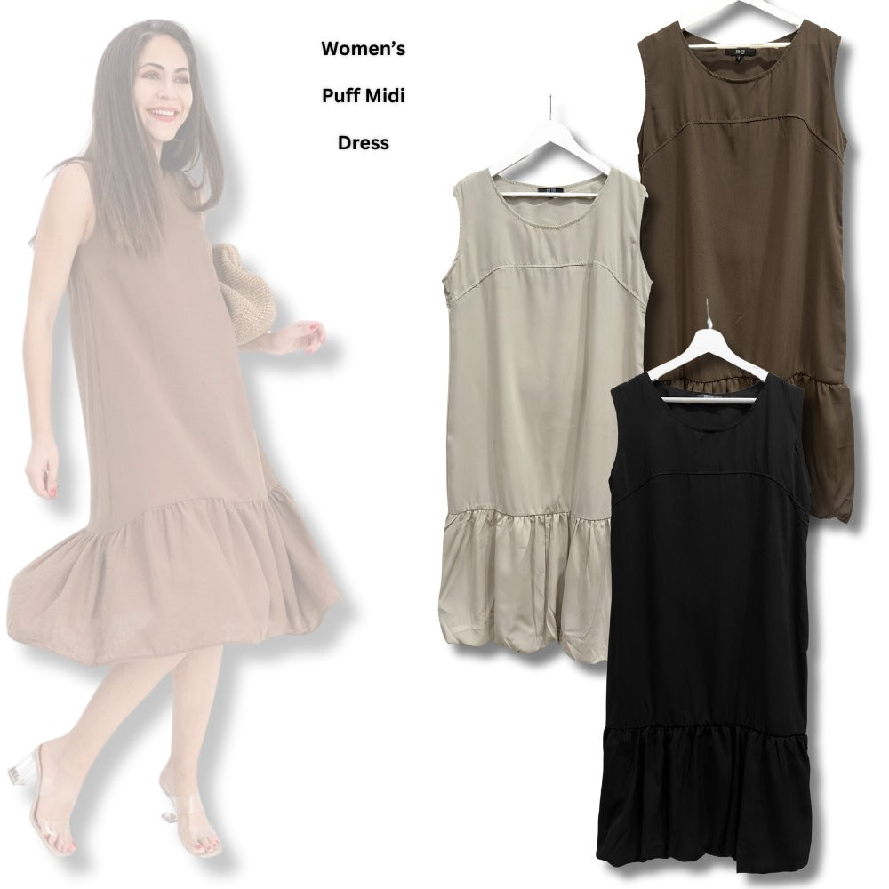 Dress Midi Wanita Tanpa Lengan (UNQ396 PUFF MIDI DRESS)