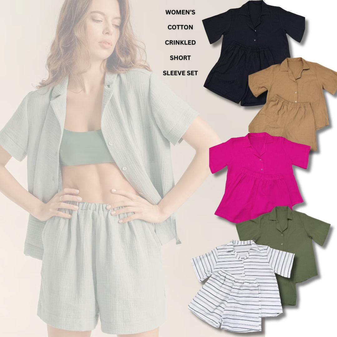 Set Piyama Wanita Lengan Pendek (UNQ416 SET CRINKLED PJM)