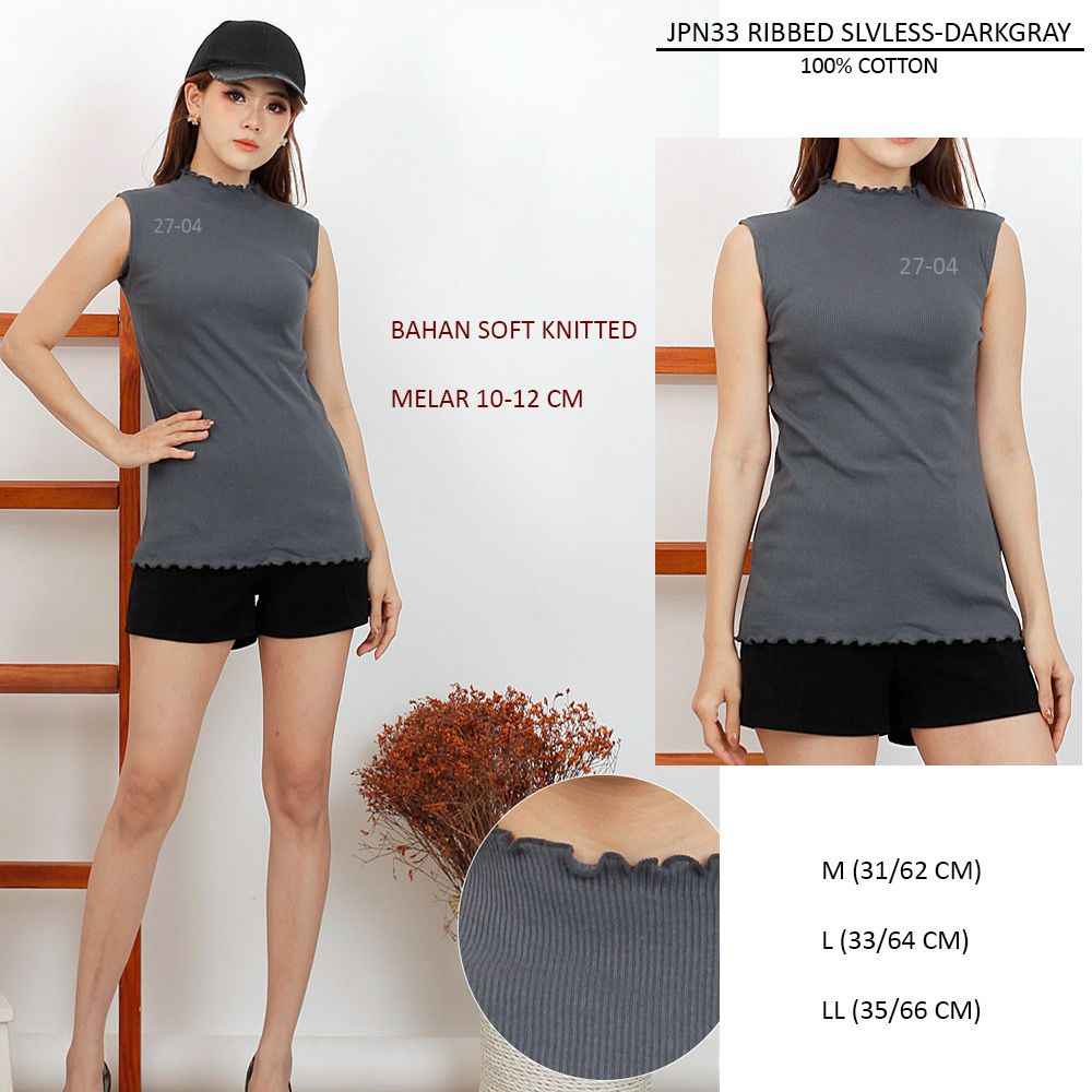 Atasan Kaos Wanita Tanpa Lengan Ribbed Turtleneck (JPN33 RIBBED SLVLESS)