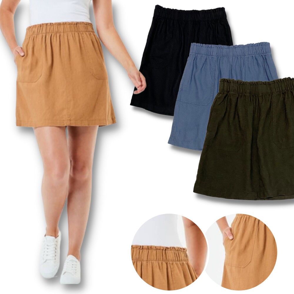 Rok Mini Rempel Wanita Highwaist Linen (ANK62 LINENPATCH SKIRT)